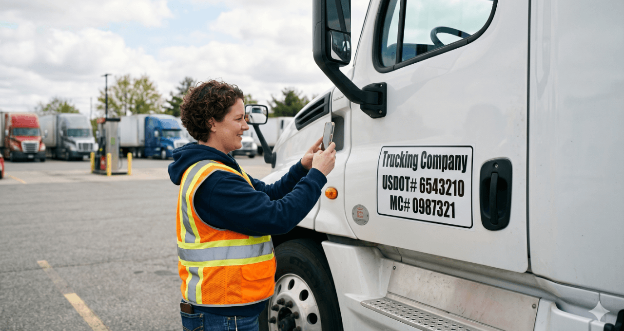 Driver photographing the door placard on the side of a semi-truck